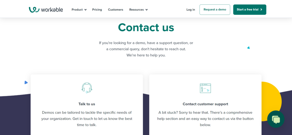 workable recruiting customer support screenshot