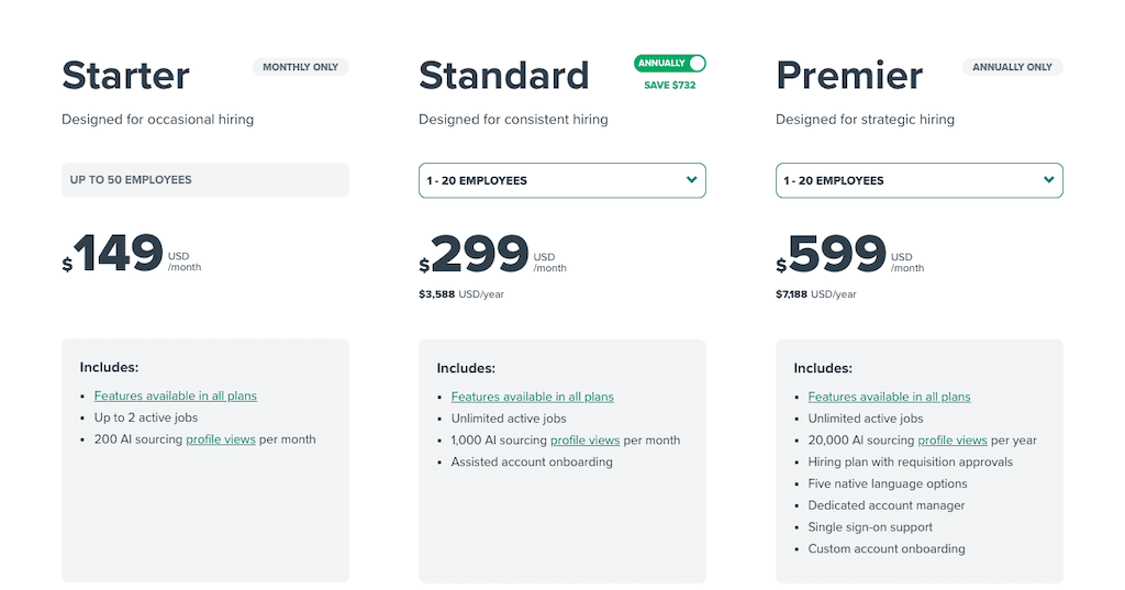 workable recruiting pricing screenshot