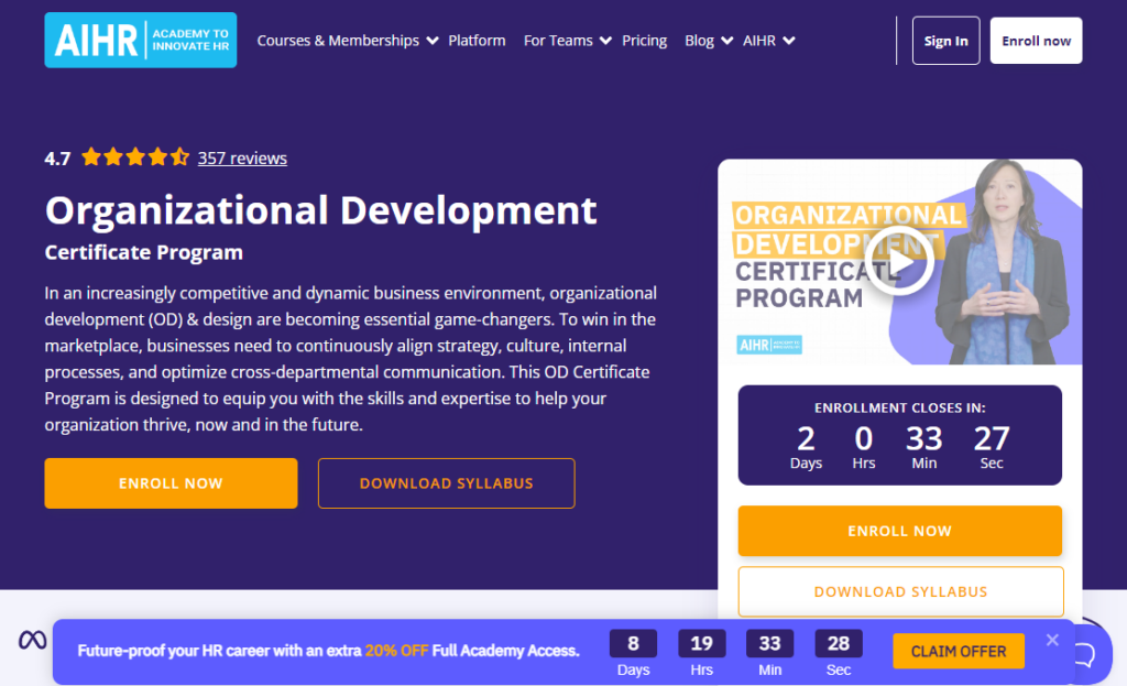The Organizational Development Certificate Program enrollment page