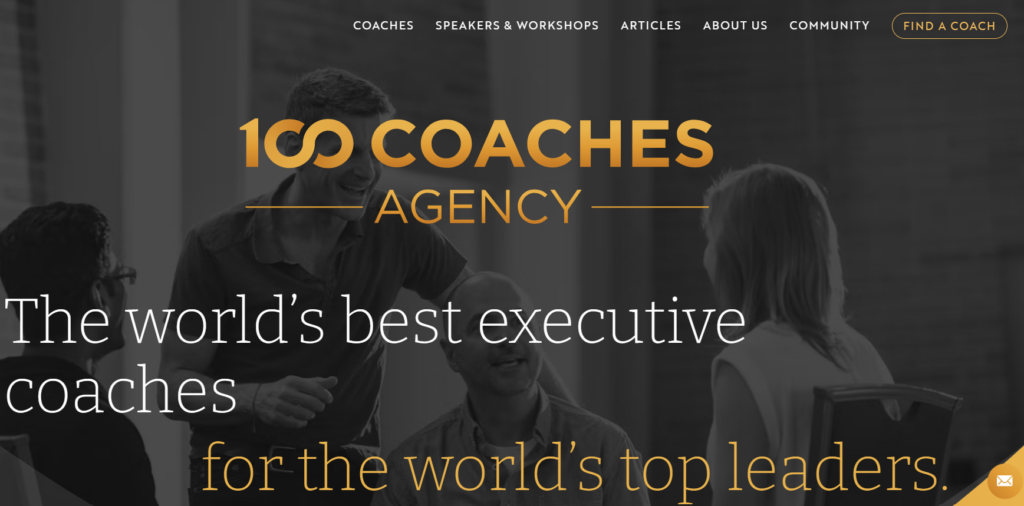 The website home page of the 100 Coaches Agency, a leadership community