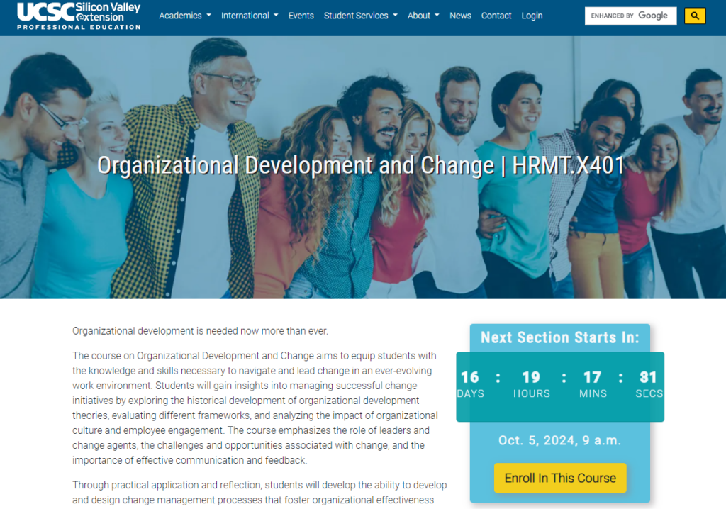 The Organizational Development and Change course landing page