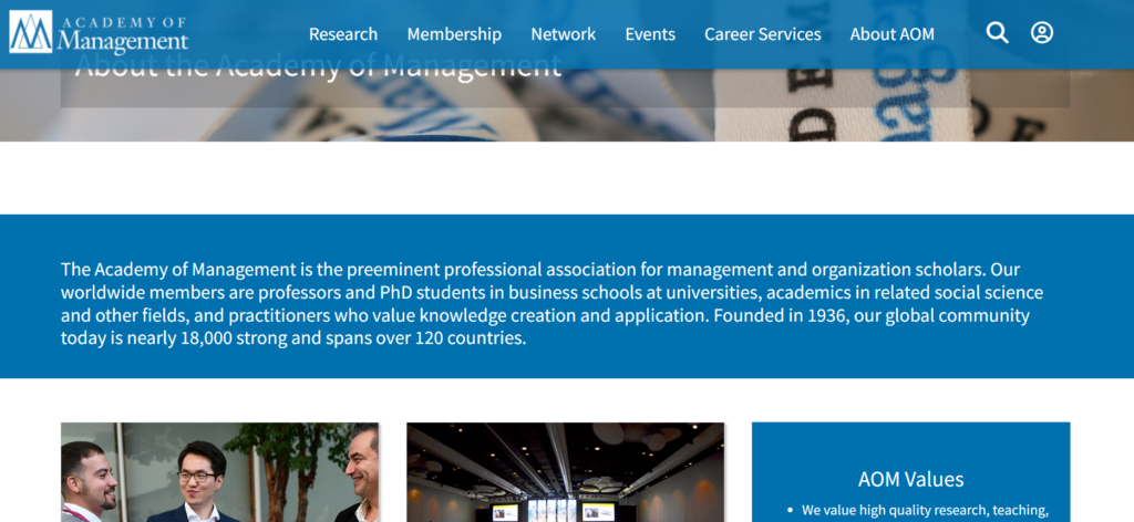 Website screenshot of the Academy of Management, a leadership community