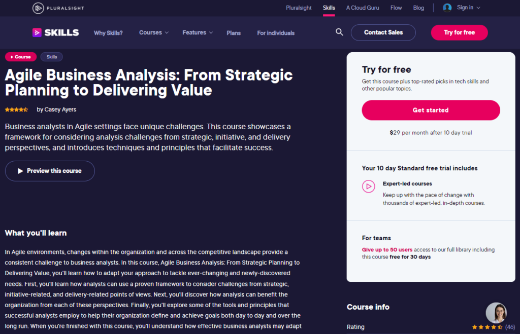 Agile Business Analysis course page