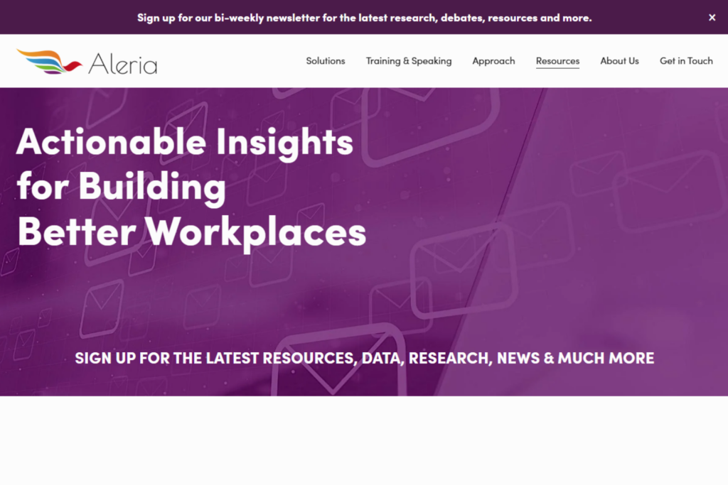 Aleria newsletter page promoting DEI research and workplace resources