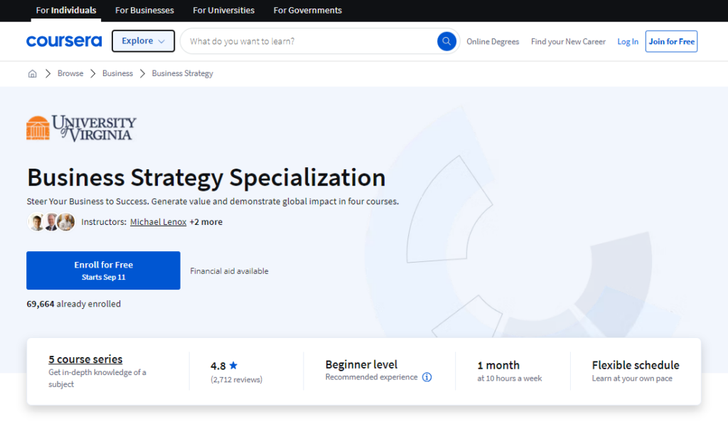 Business Strategy Specialization course page