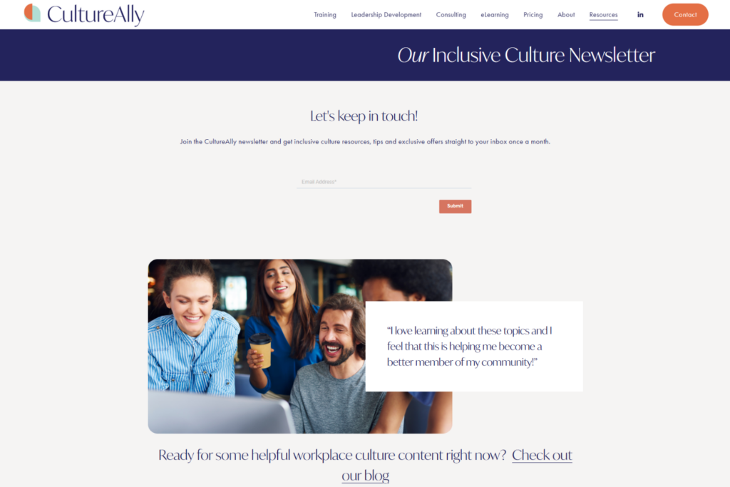CultureAlly newsletter signup page with inclusive workplace culture resources