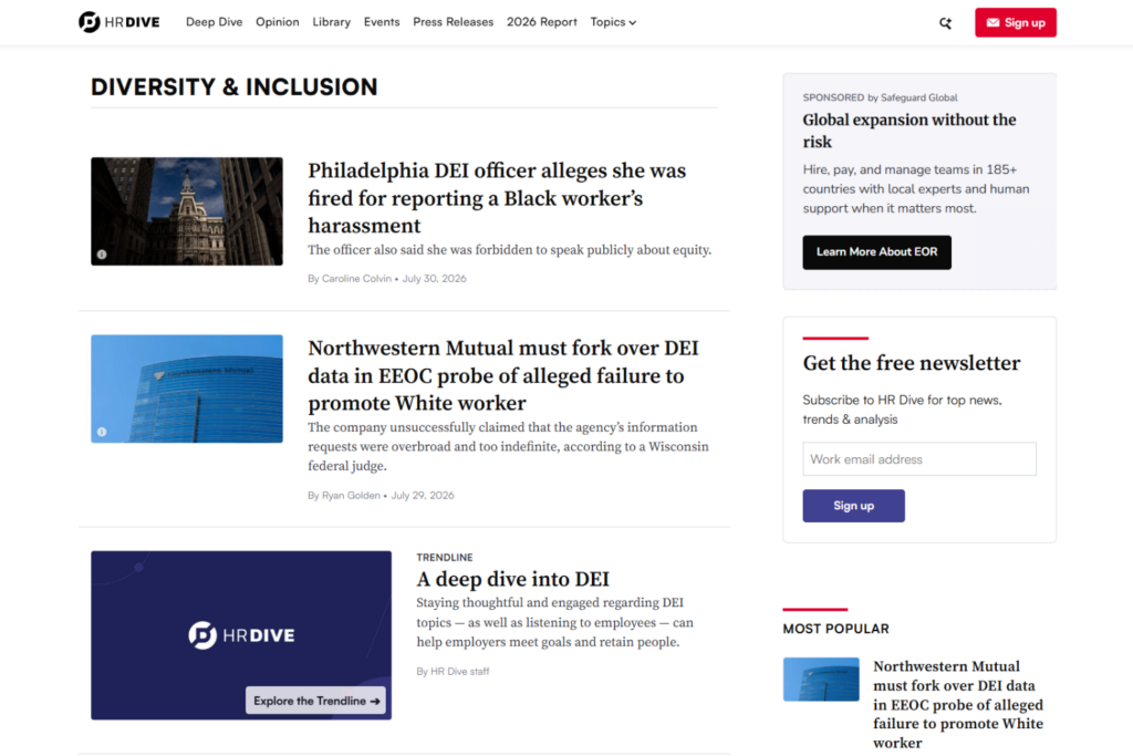HR Dive's Diversity & Inclusion page featuring DEI news and newsletter signup