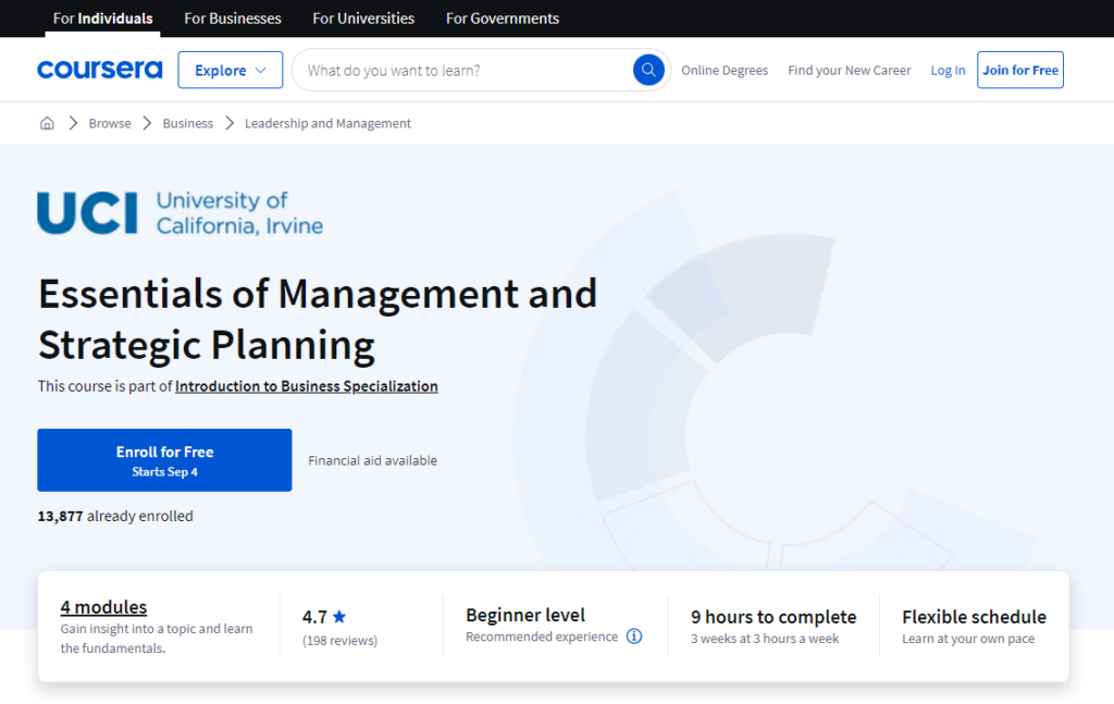 Essentials of Management and Strategic Planning course page