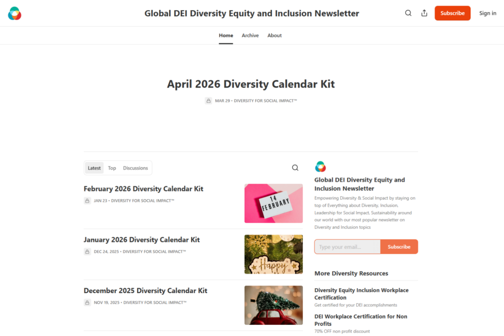 Global DEI Diversity Equity and Inclusion newsletter homepage with recent articles