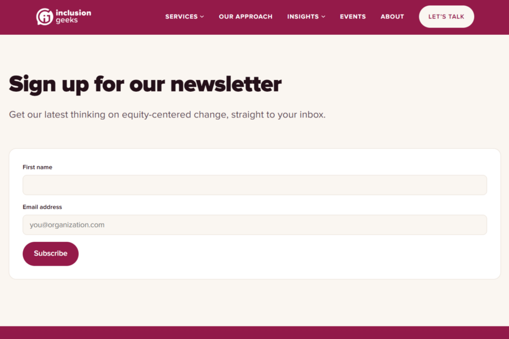 Inclusion Geeks newsletter signup page with subscription form