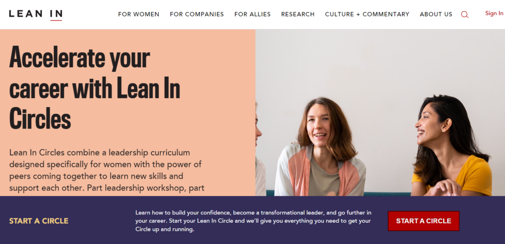Website home page of Lean In, a leadership community focused on women