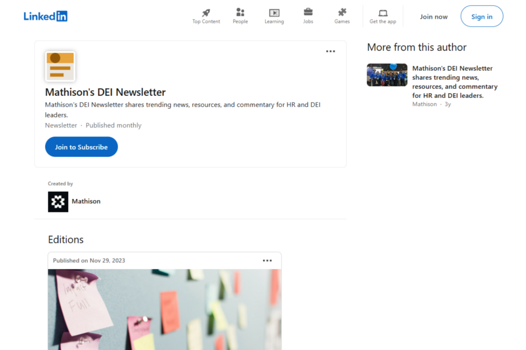 Mathison’s DEI Newsletter LinkedIn page with subscription option