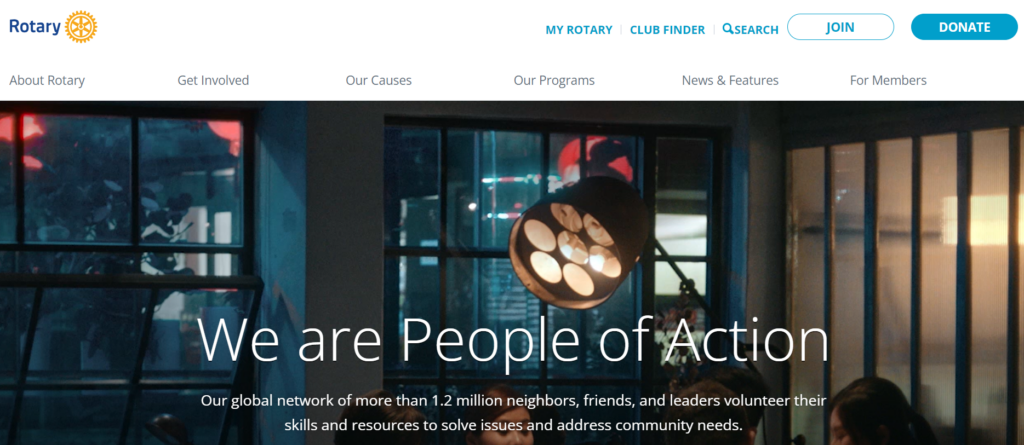 Website home page screenshot of Rotary International leadership community