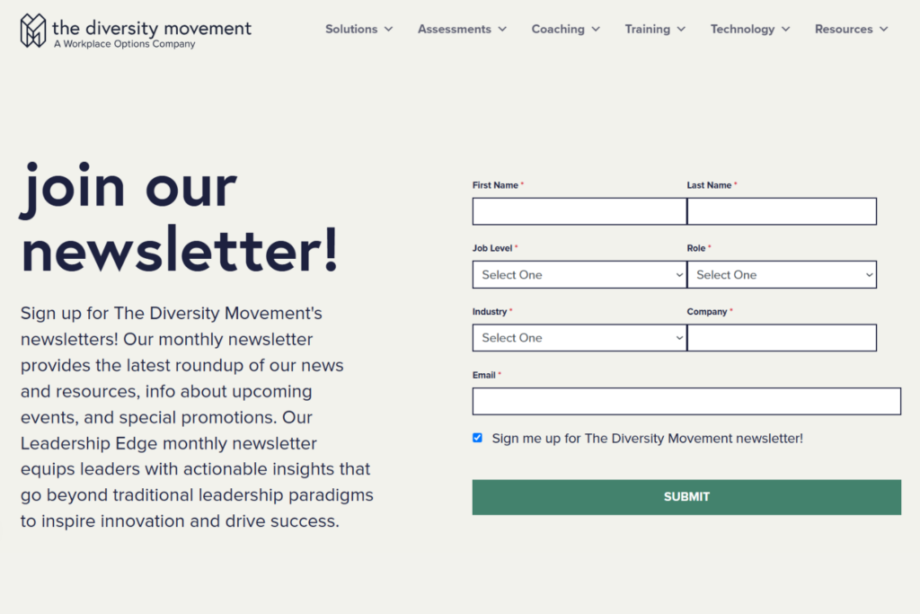 The Diversity Movement newsletter signup page with subscription form