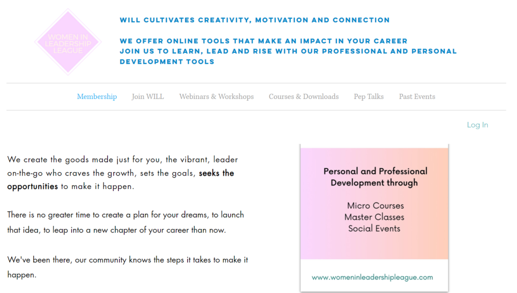 Website screenshot of Women in Leadership League community