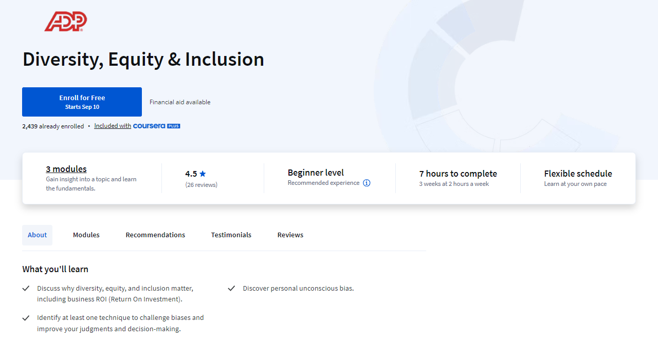 Diversity, Equity & Inclusion course screenshot of the landing page