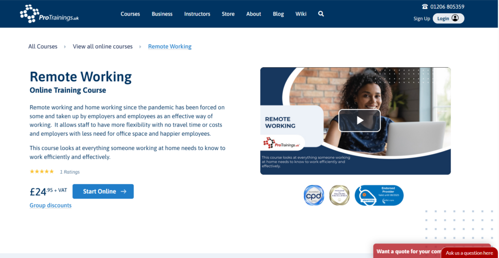Screenshot of the Remote Working course landing page