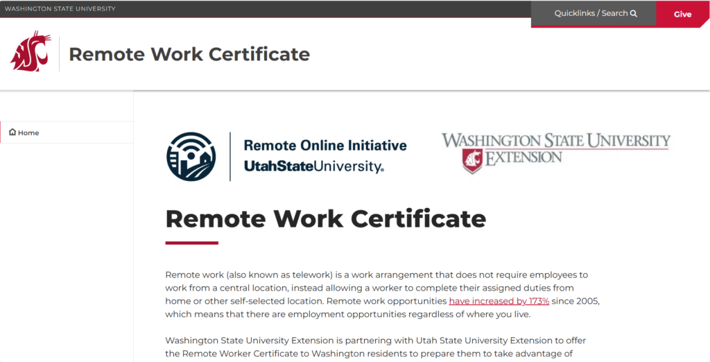 Screenshot of the Remote Work Certificate course page