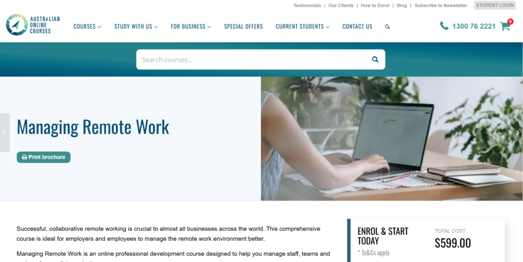 Screenshot of the Managing Remote Work course website