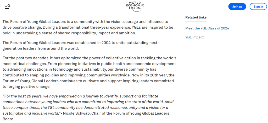 Website landing page of The Forum of Young Global Leaders community