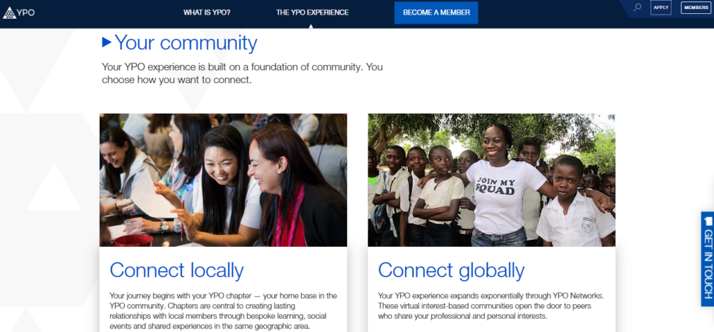 The website screenshot of YPO leadership community