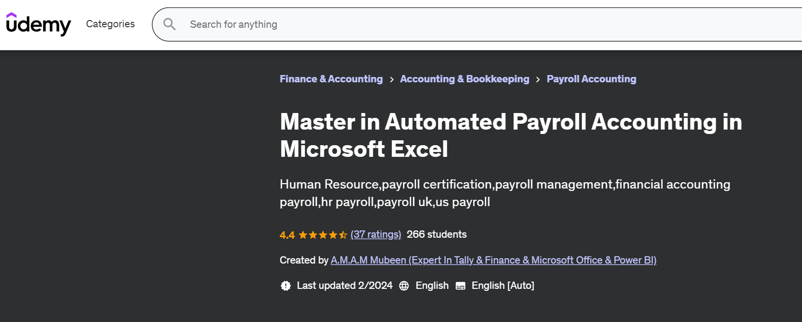 The Master in Automated Payroll Accounting in Microsoft Excel (Udemy) course