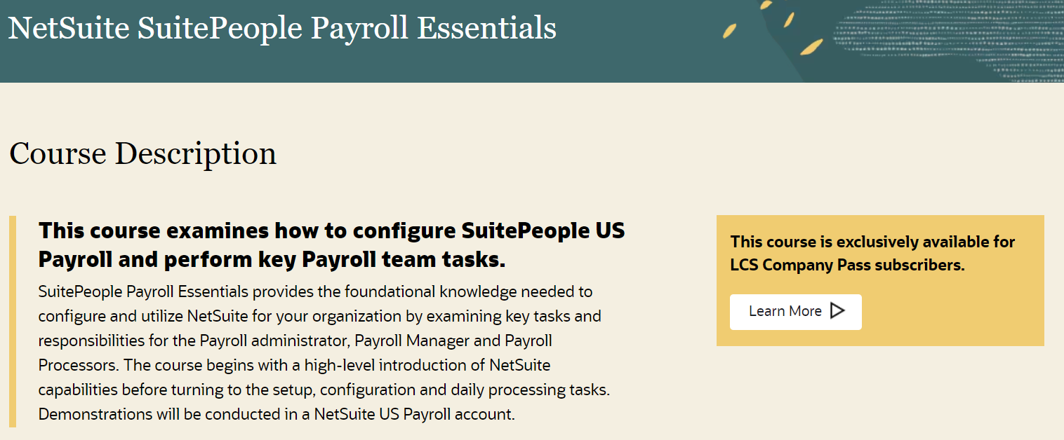 NetSuite SuitePeople Payroll Essentials (NetSuite) course page