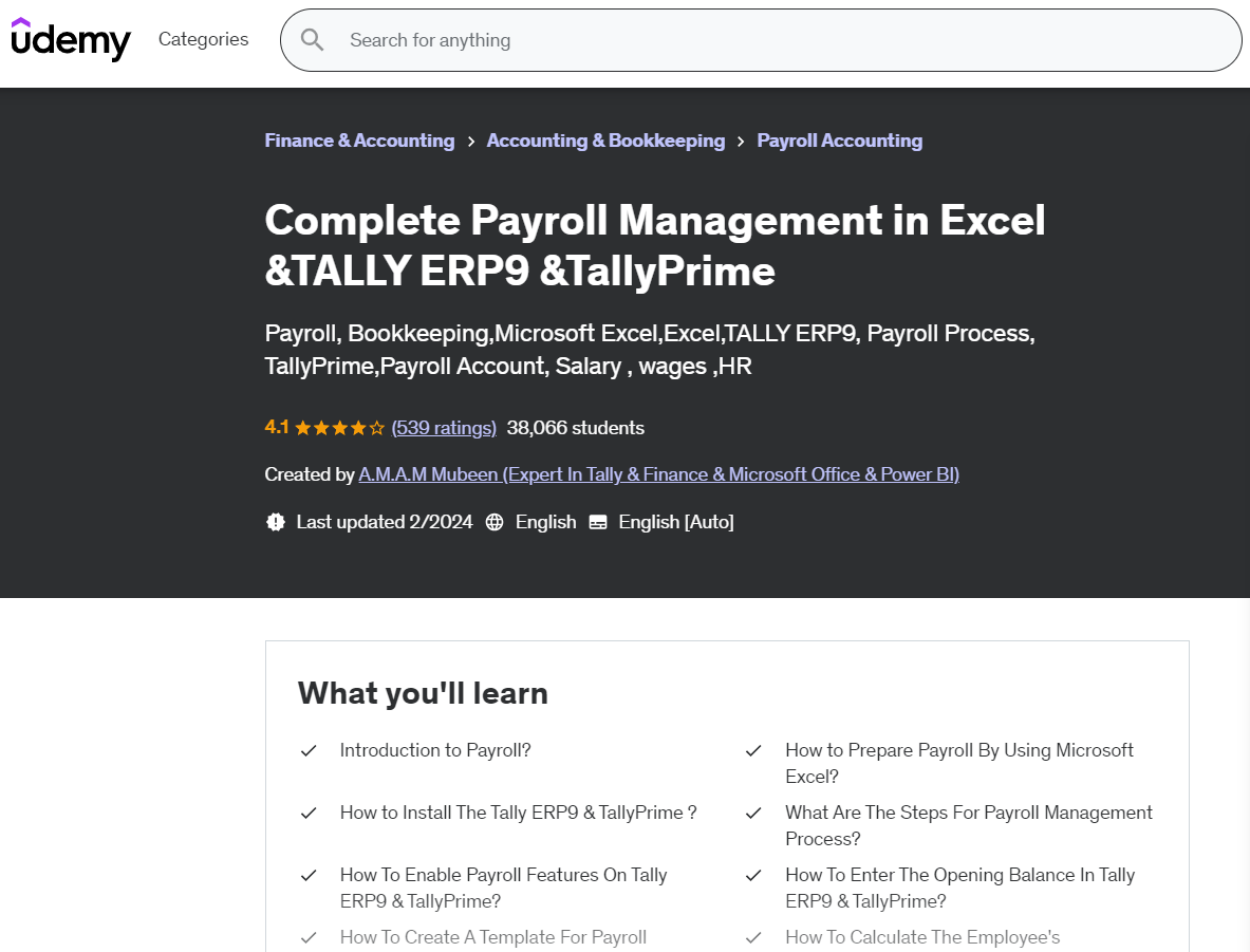 The Complete Payroll Management in Excel & TALLY ERP9 & TallyPrime (Udemy) course preview