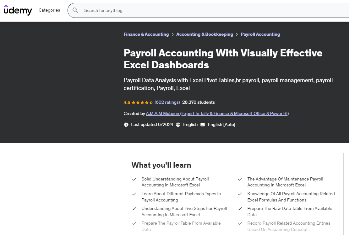 The Payroll Accounting With Visually Effective Excel Dashboards (Udemy) course overview