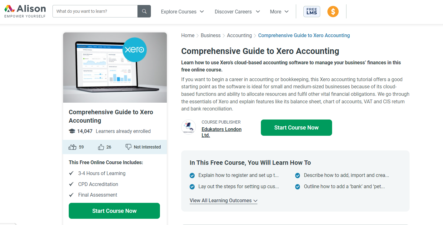 The Comprehensive Guide to Xero Accounting (Alison) course page