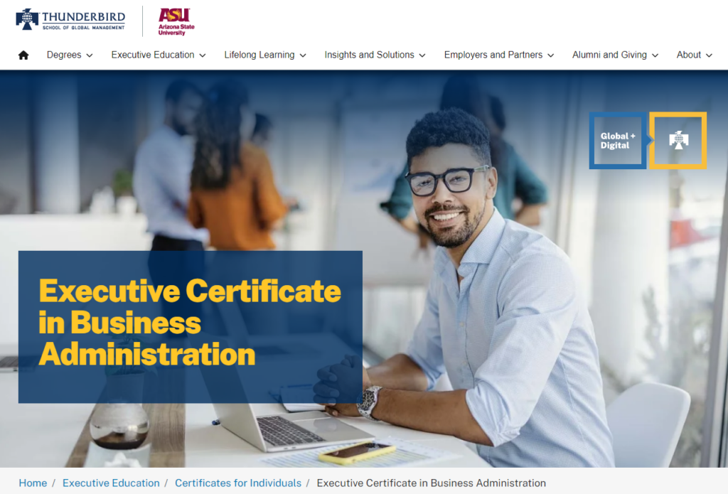 Website screenshot of Executive Certificate in Business Administration course page