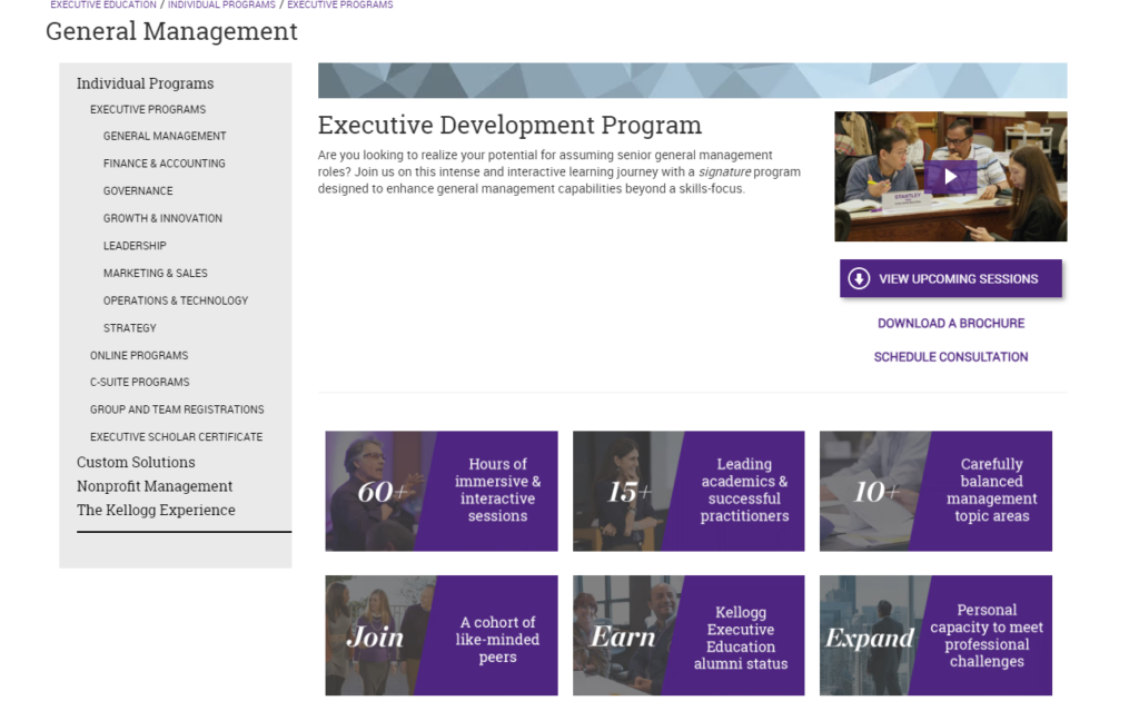 Website screenshot of Executive Development Program course page