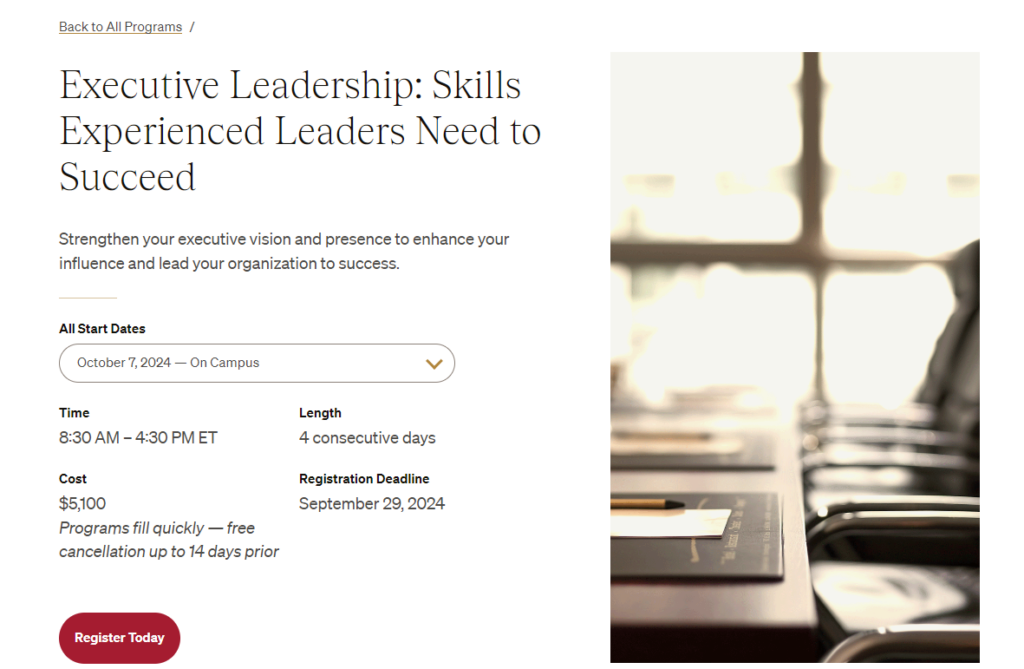 Website screenshot of Executive Leadership: Skills Experienced Leaders Need to Succeed course page