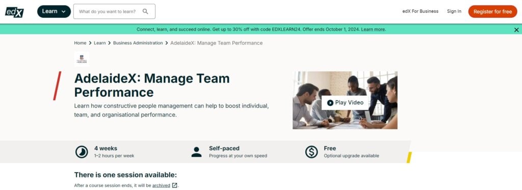 Manage Team Performance course page screenshot