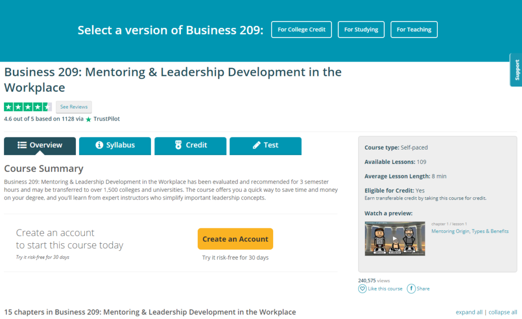 Website screenshot of Mentoring & Leadership Development in the Workplace course page