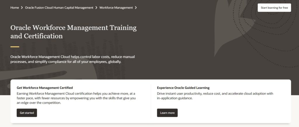 The Oracle Workforce Management Training and Certification course landing page