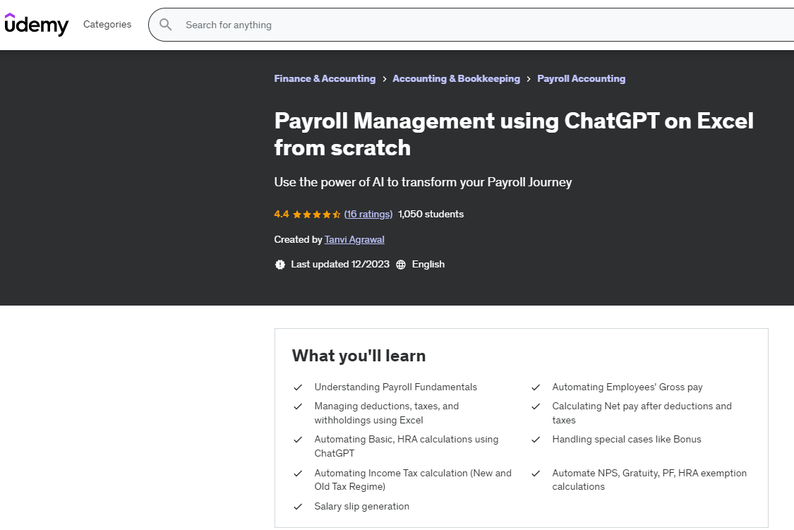 Payroll Management using ChatGPT on Excel from scratch (Udemy) course page