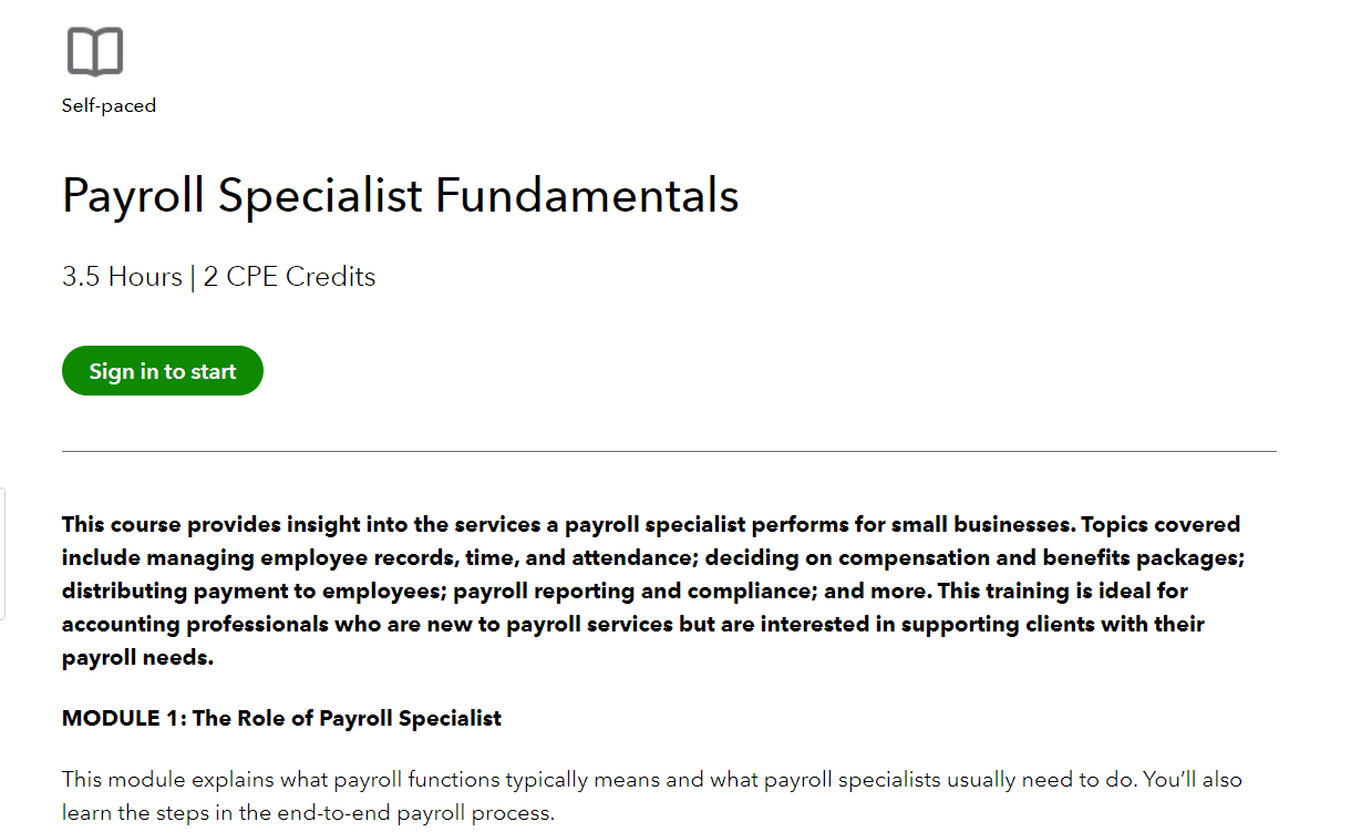 An overview of Payroll Specialist Fundamentals (Intuit Quickbooks) course
