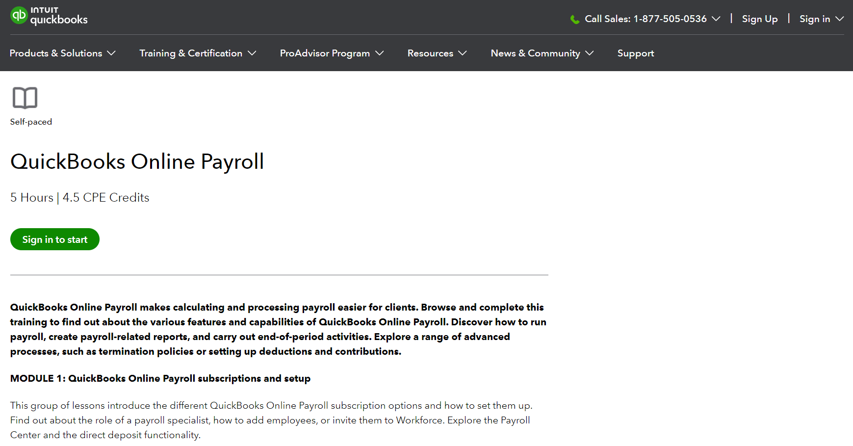 A snapshot of Quickbooks Online Payroll (Intuit Quickbooks) course page