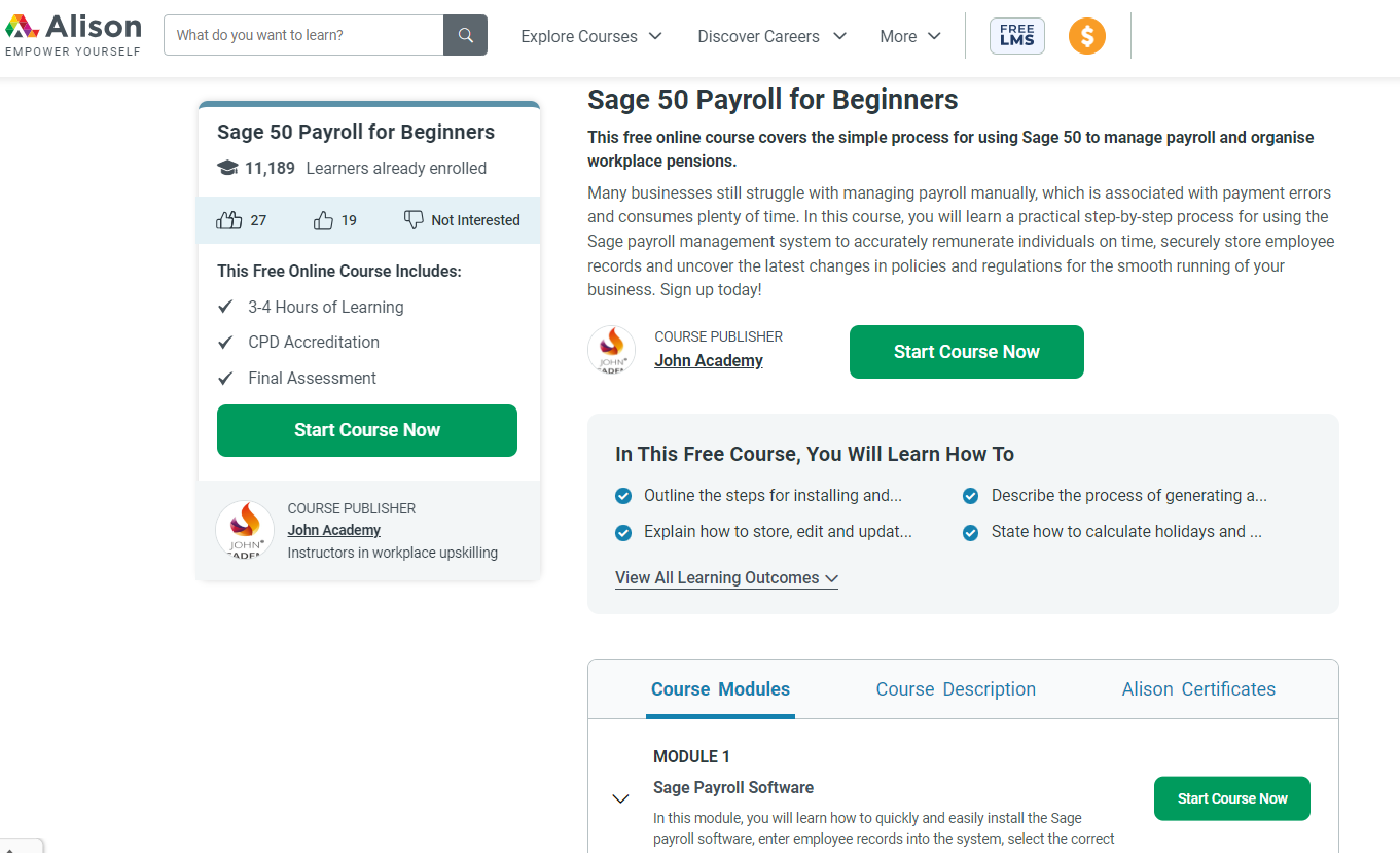 Sage 50 Payroll Software Course (Alison) course screenshot for clients