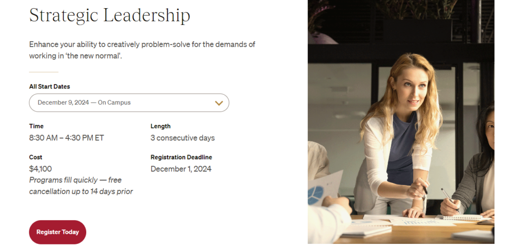 Website screenshot of Strategic Leadership course landing page