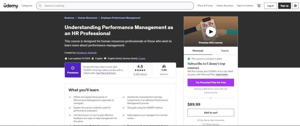 Screenshot of Understanding Performance Management as an HR Professional course website