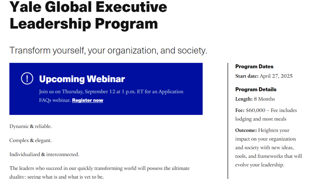 Yale Global Executive Leadership Program course page