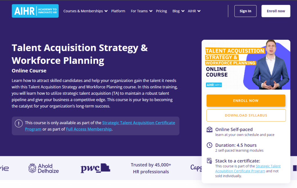 Talent Acquisition Strategy & Workforce Planning course website page screenshot