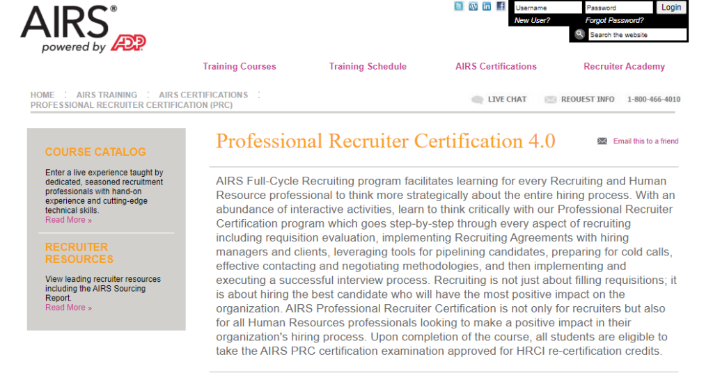 Screenshot of the Professional Recruiter Certification 4.0 landing page screenshot