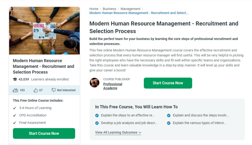 Screenshot of the Modern Human Resource Management - Recruitment and Selection Process landing page