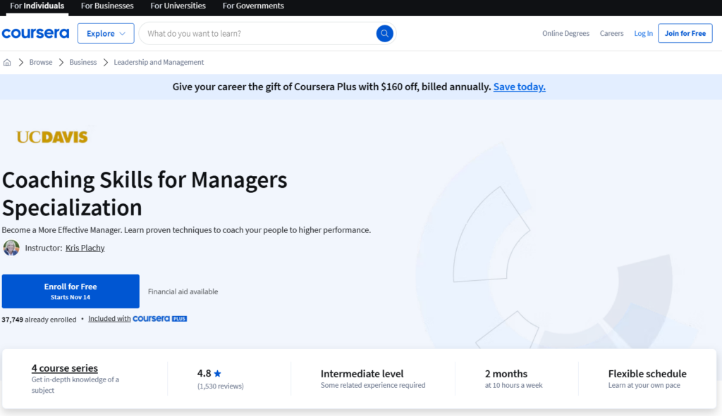 Screenshot of the Coaching Skills for Managers Specialization course page