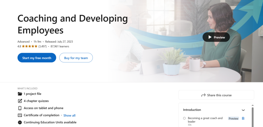 Screenshot of the Coaching and Developing Employees course landing page