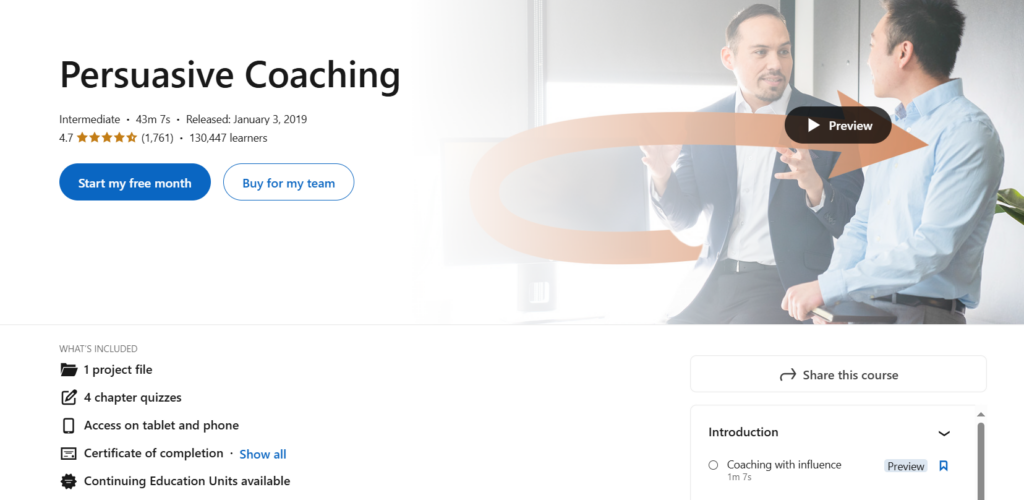 Screenshot of the Persuasive Coaching course page