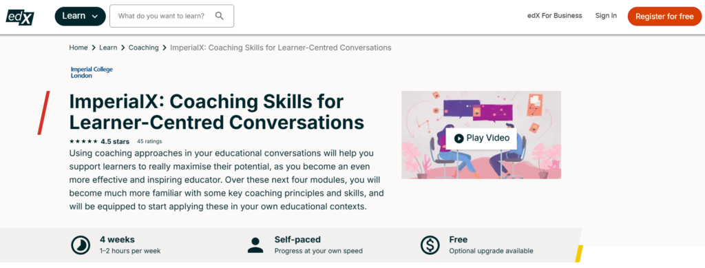 Alt text: Screenshot of the Coaching Skills for Learner-Centred Conversations course landing page